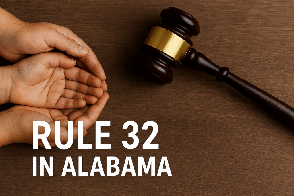 Hands and gavel, Rule 32, Alabama.