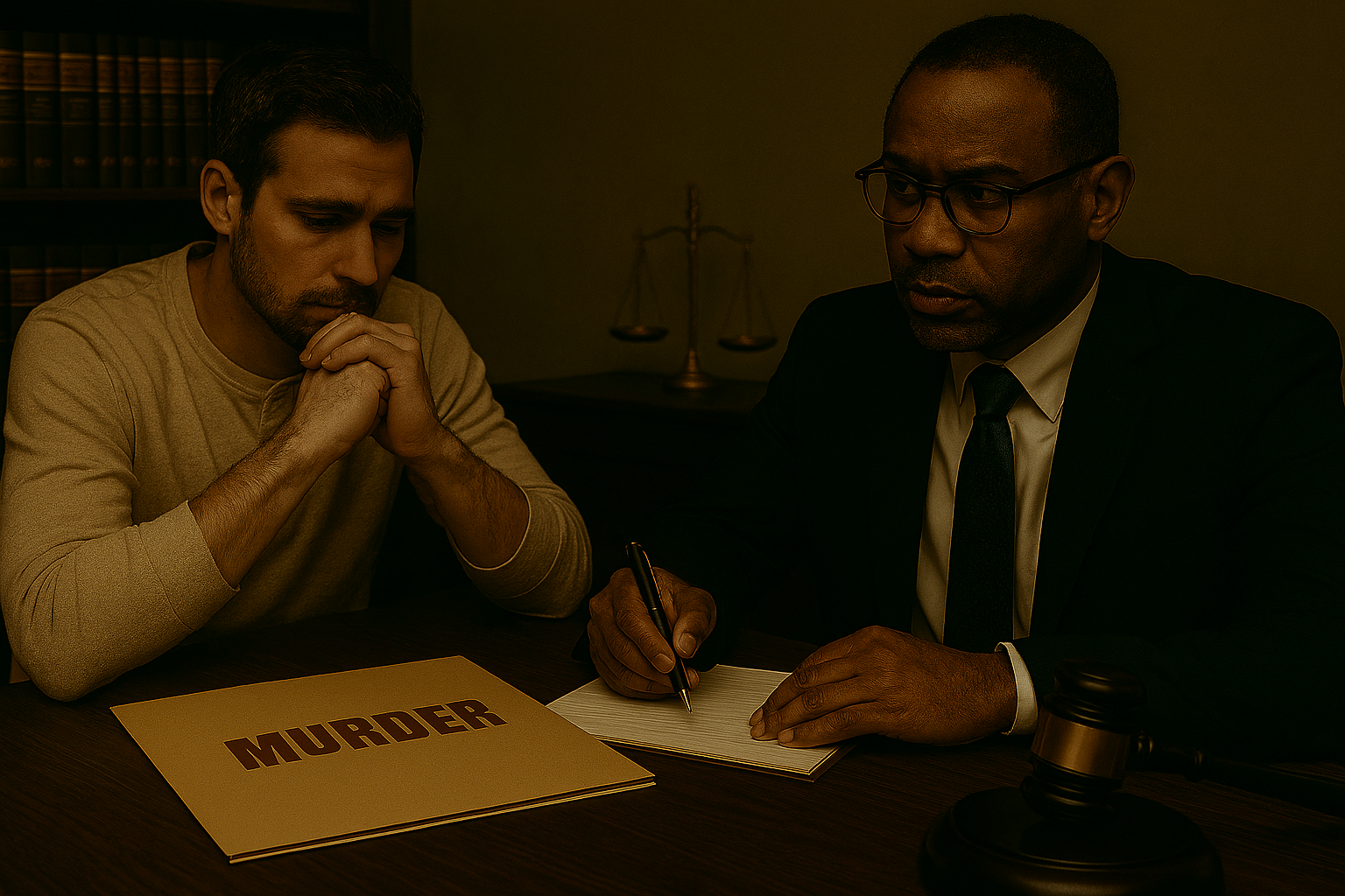 Two men engaged in a serious discussion with a murder case file on the table.